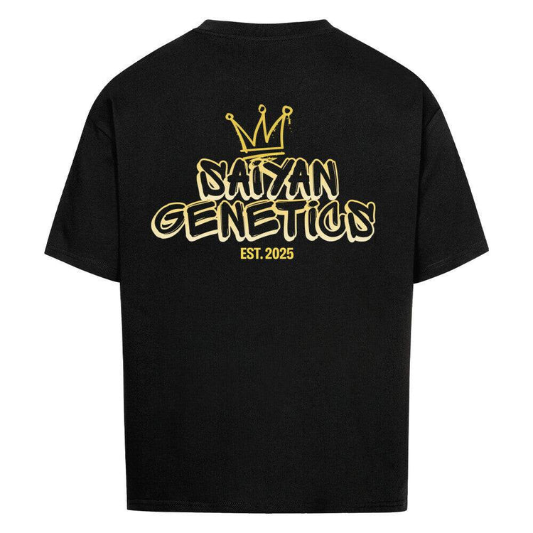 Black Saiyan Genetics oversized shirt with anime graphic, casual manga style tee in breathable cotton