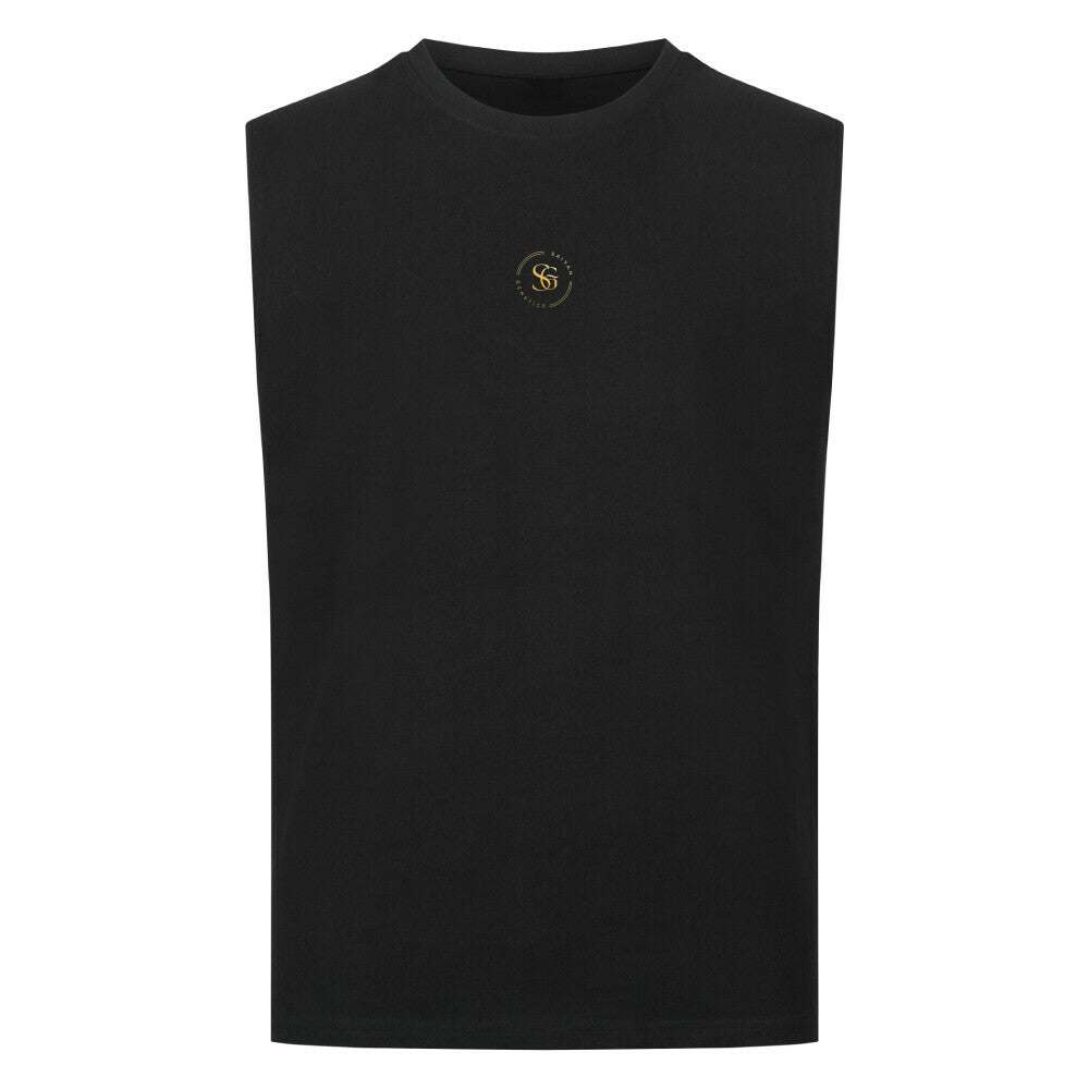 Sleeveless oversized Saiyan Genetics tee in black with rounded neckline and bio-cotton fabric