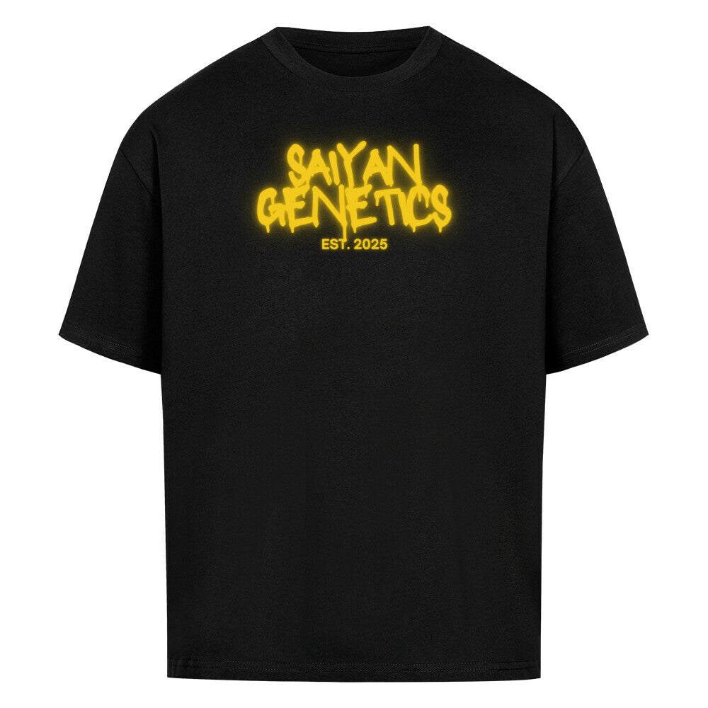 Black Saiyan Genetics Oversized Shirt with white logo, anime streetwear style, 100% cotton, available in multiple sizes