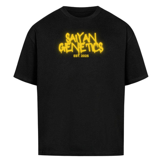 Black Saiyan Genetics Oversized Shirt with white logo, anime streetwear style, 100% cotton, available in multiple sizes