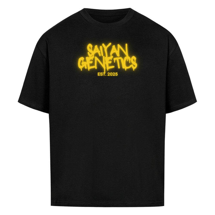 Black Saiyan Genetics Oversized Shirt with white logo, anime streetwear style, 100% cotton, available in multiple sizes