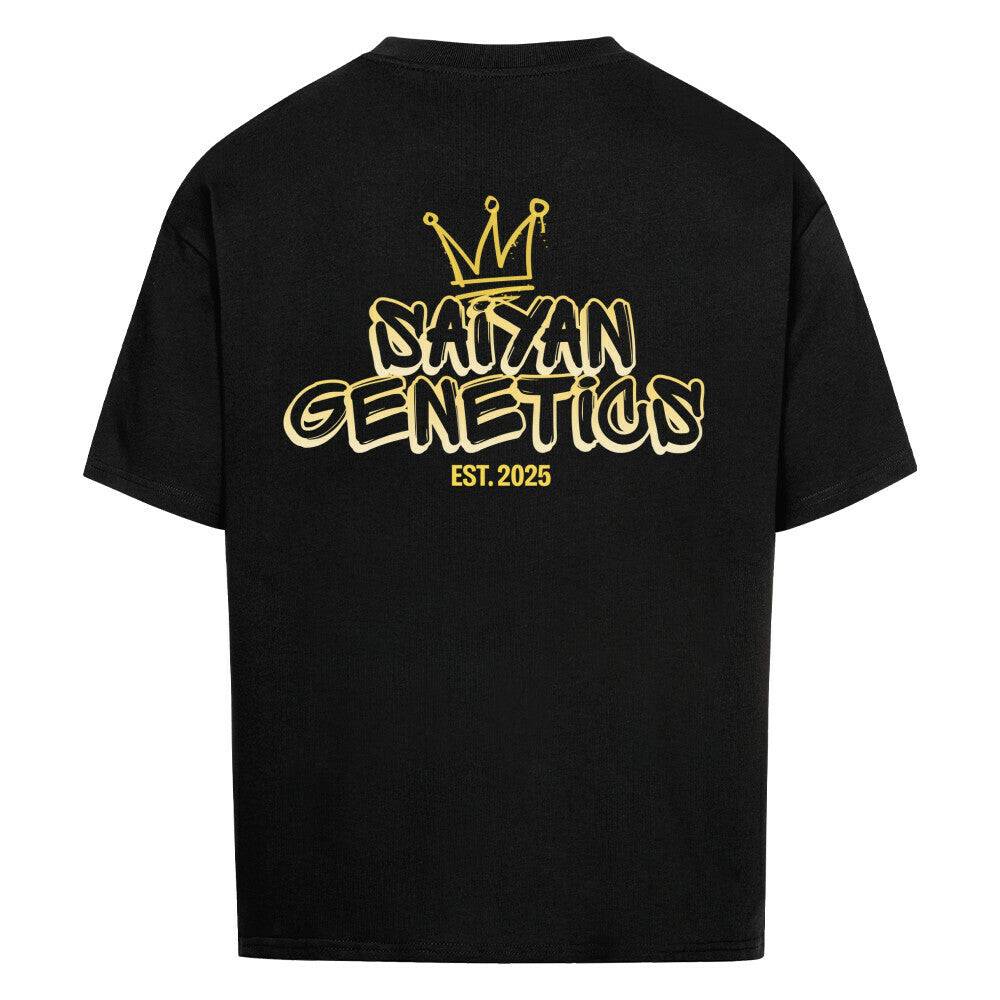Black Saiyan Genetics oversized shirt with anime graphic, casual manga style tee in breathable cotton