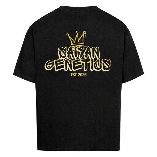 Black Saiyan Genetics oversized shirt with anime graphic, casual manga style tee in breathable cotton