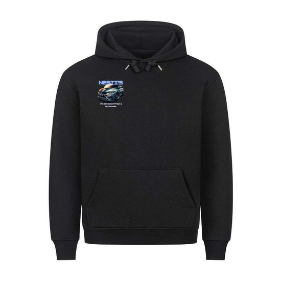 Nesti’s Premium Hoodie in cozy fit with metal-tipped drawstrings and kangaroo pocket, made of 80% cotton and 20% polyester blend.