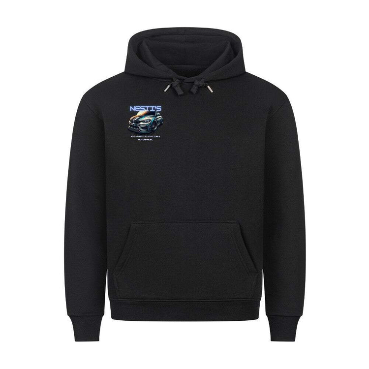 Nesti’s Premium Hoodie in cozy fit with metal-tipped drawstrings and kangaroo pocket, made of 80% cotton and 20% polyester blend.