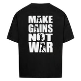 Black oversized Saiyan Apparel Gains not War shirt with bold graphic print