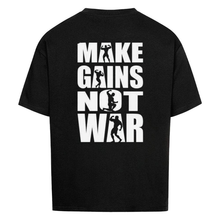 Black oversized Saiyan Apparel Gains not War shirt with bold graphic print