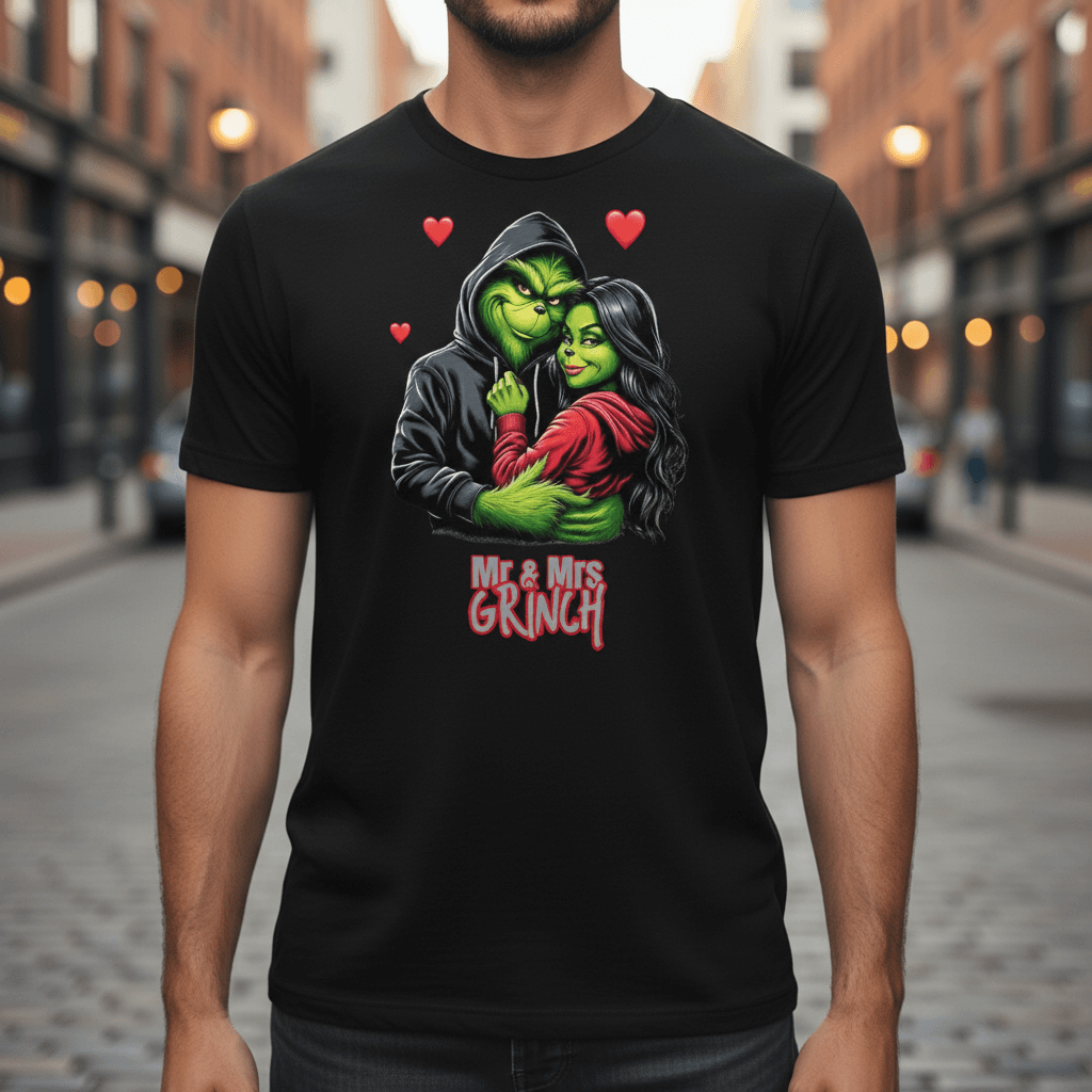 Mr & Mrs Grinch T-Shirt - Pärchen Lifestyle Foto mit romantischem Grinch Design