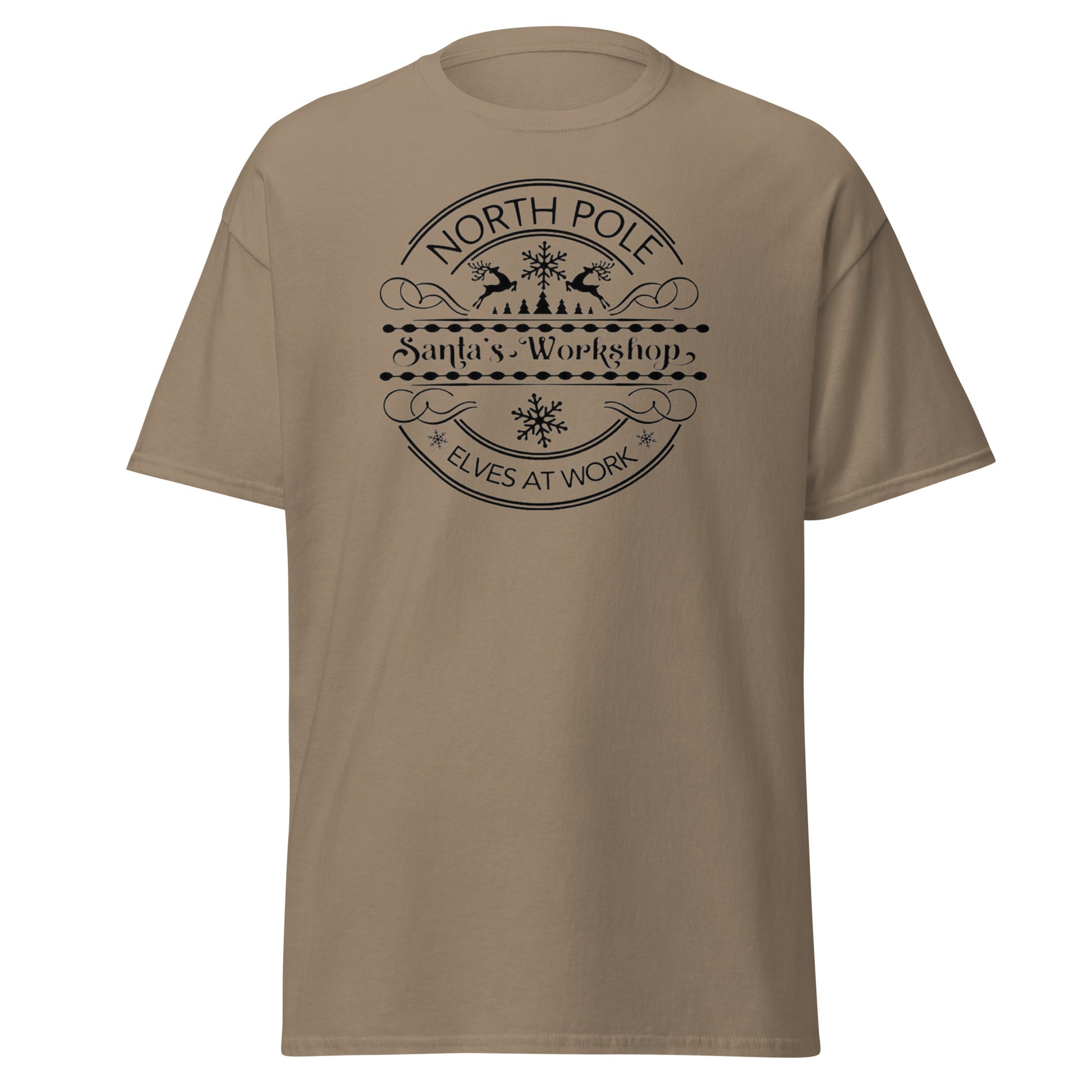 North Pole Santa's Workshop T-Shirt in Brown Savana - Unisex Weihnachts Tee Vorderansicht
