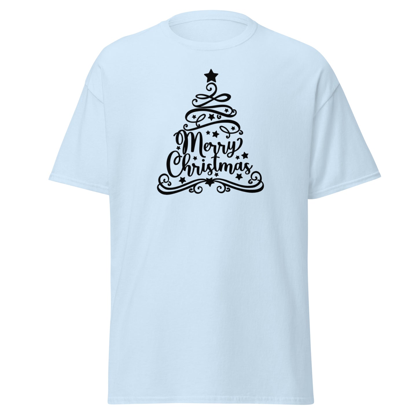 Elegantes Weihnachts T-Shirt in Light Blue - Kalligrafie Tannenbaum Vorderansicht