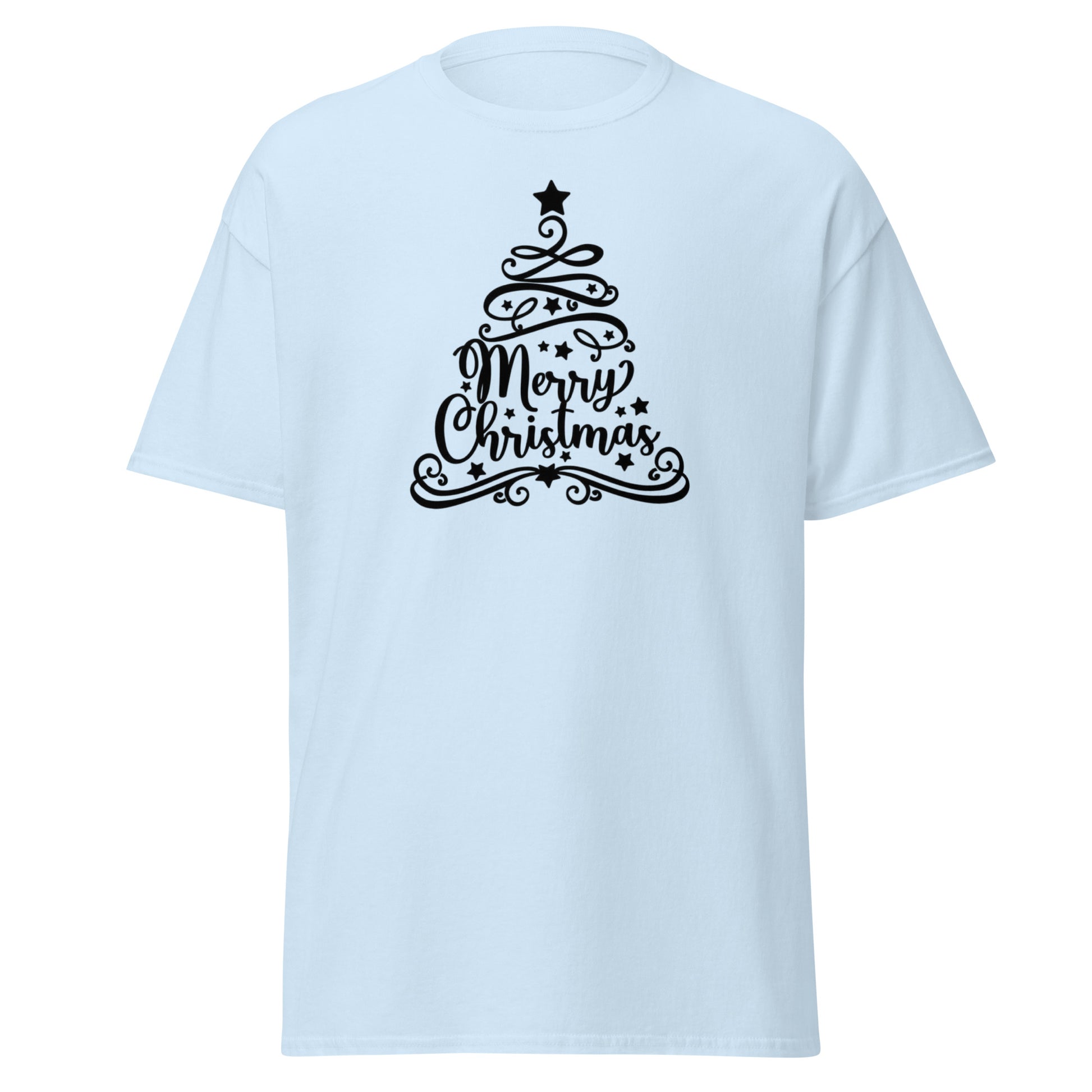 Elegantes Weihnachts T-Shirt in Light Blue - Kalligrafie Tannenbaum Vorderansicht