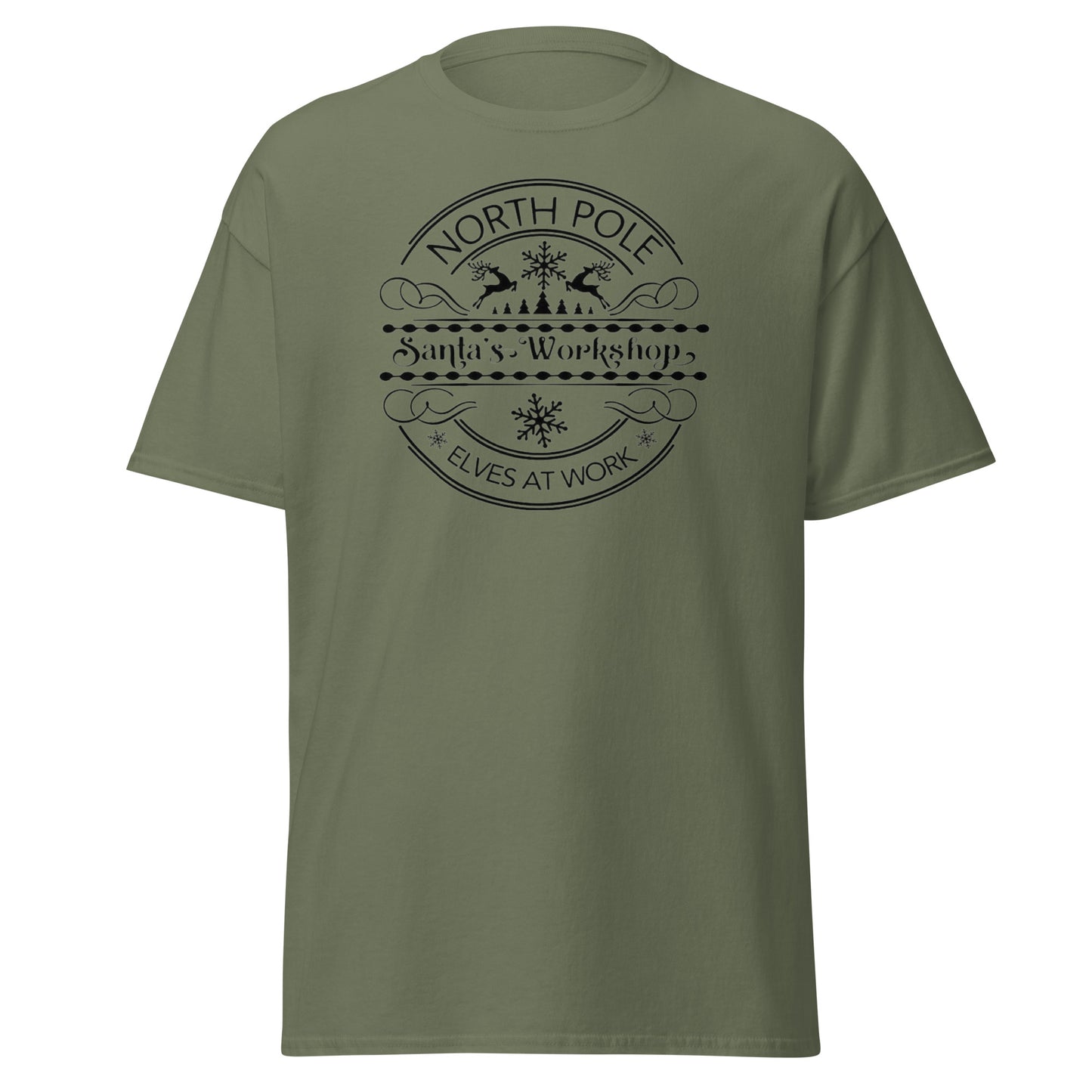 North Pole Santa's Workshop T-Shirt in Military Green - Elves at Work Unisex Vorderseite
