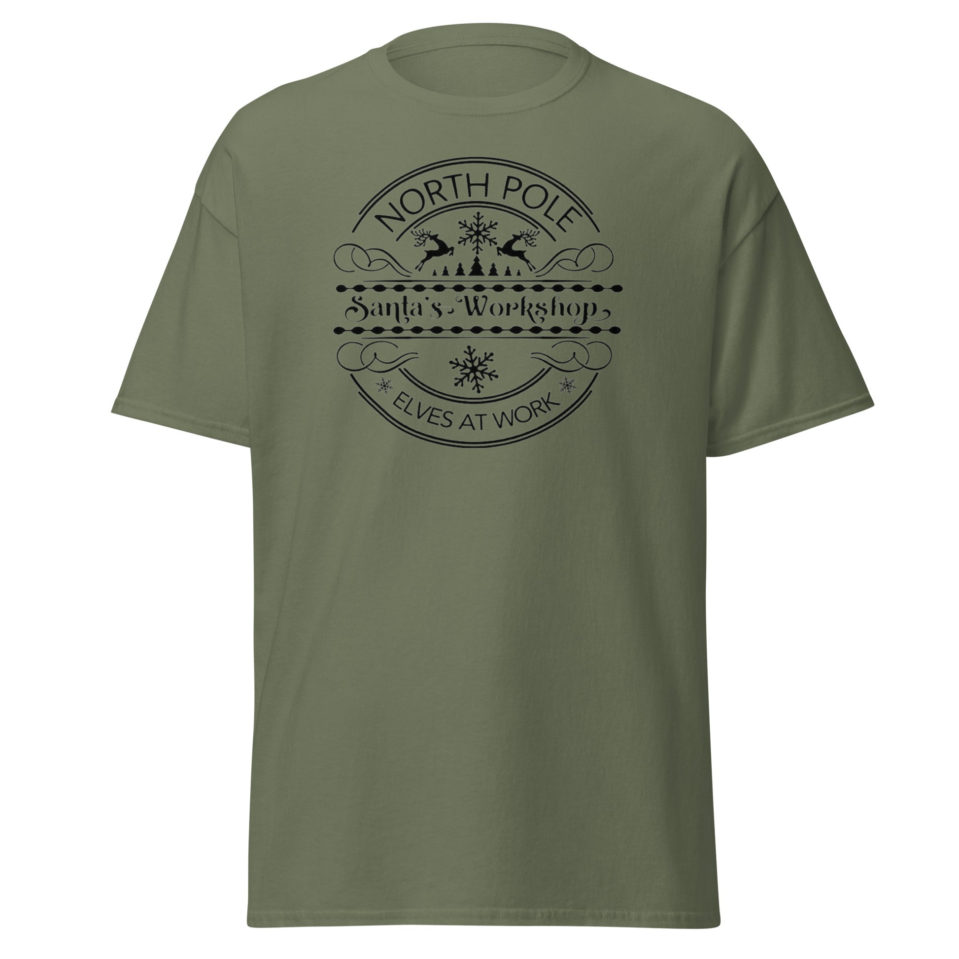 North Pole Santa's Workshop T-Shirt in Military Green - Elves at Work Unisex Vorderseite