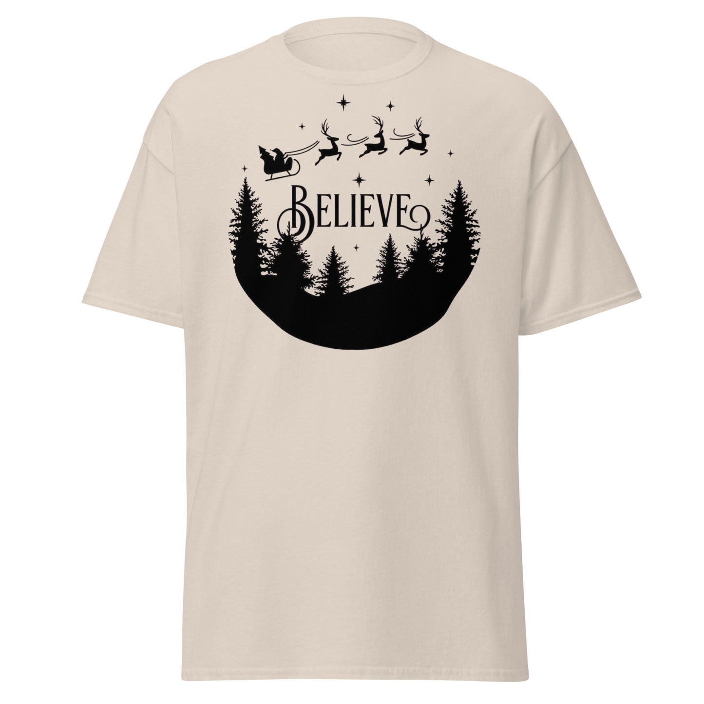 Believe Weihnachts T-Shirt in Natural - Rentier Design Unisex Vorderseite