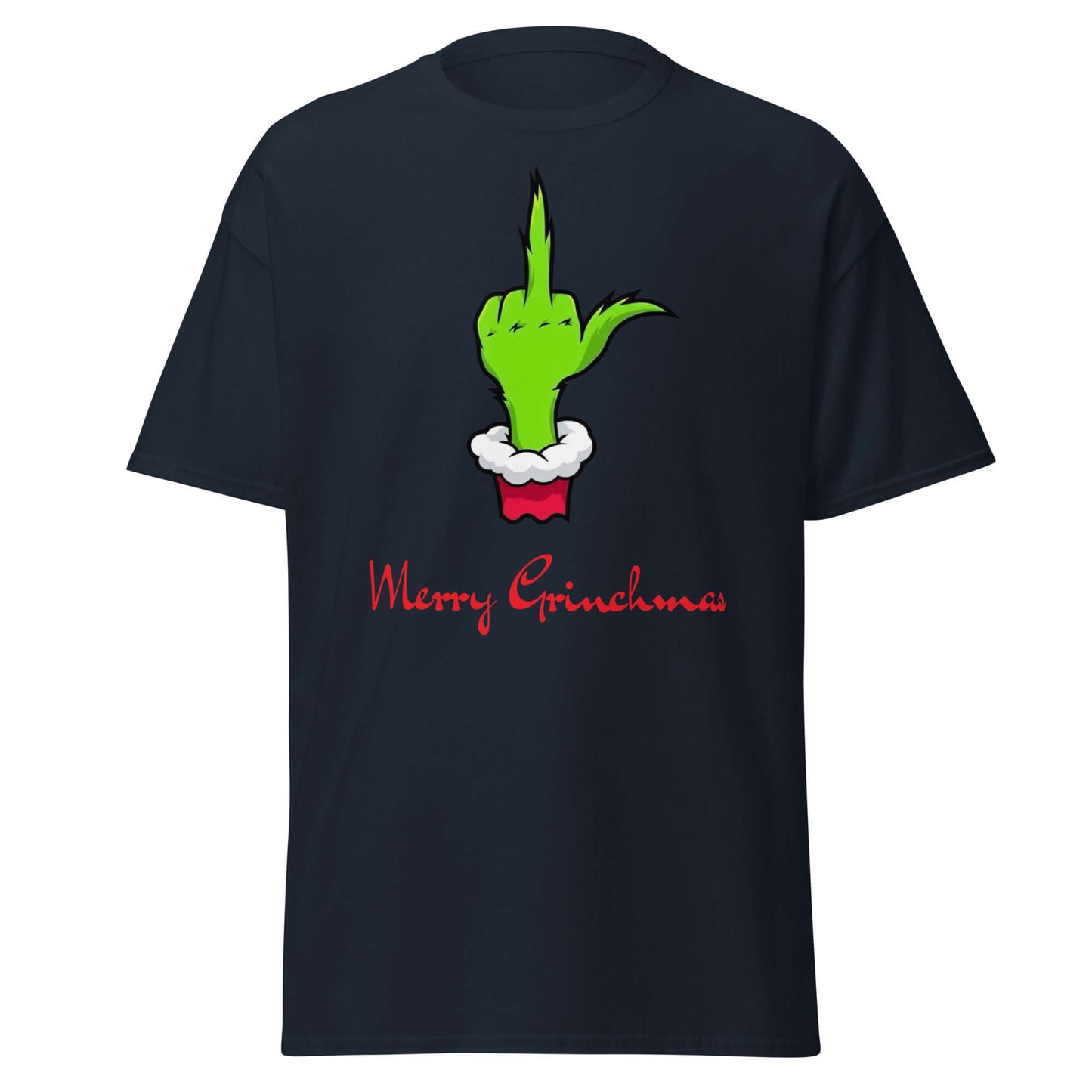 Merry Grinchmas T-Shirt Navy - Vorderseite mit Grinch Design