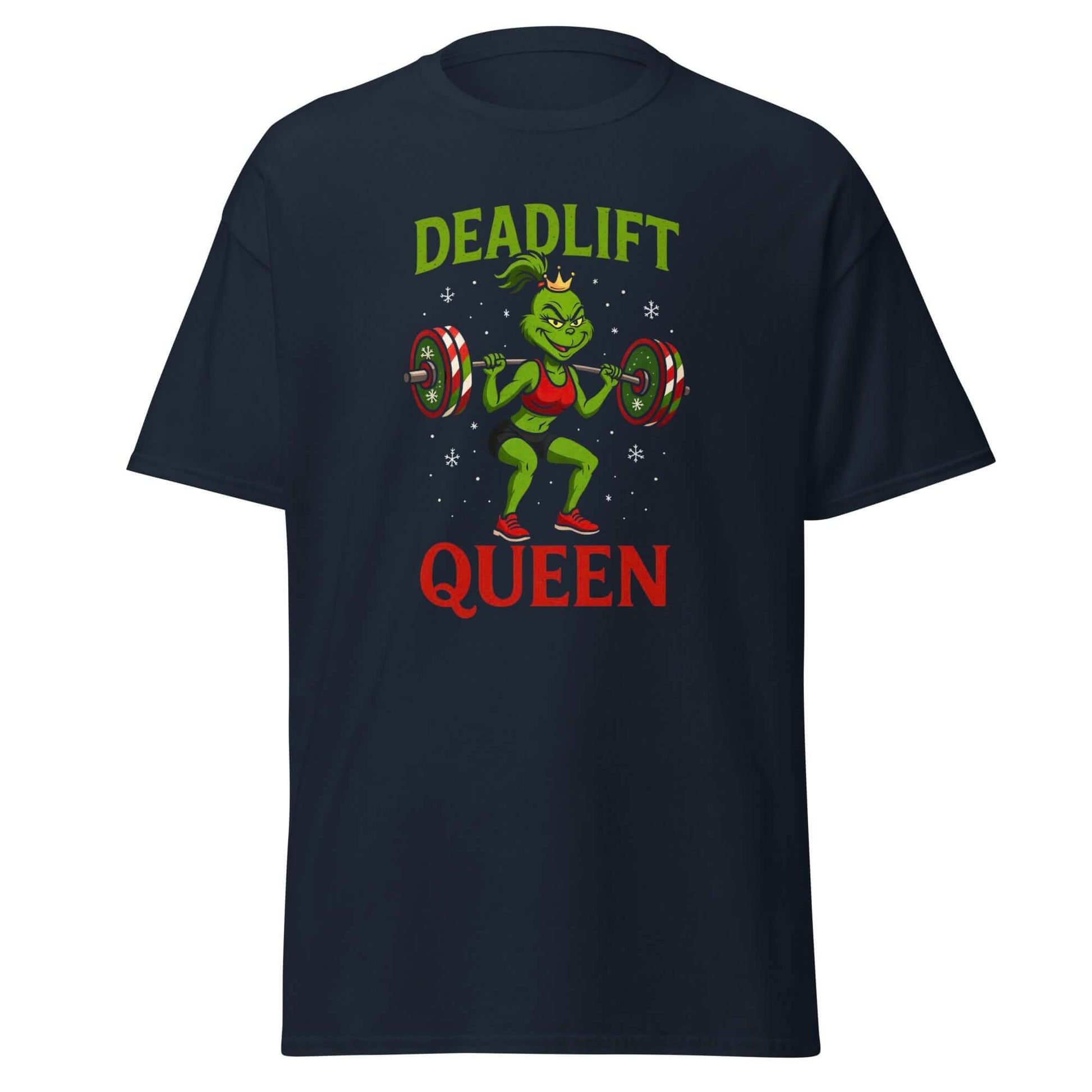 Deadlift Queen T-Shirt Navy - Vorderseite mit Grinch Fitness Motiv
