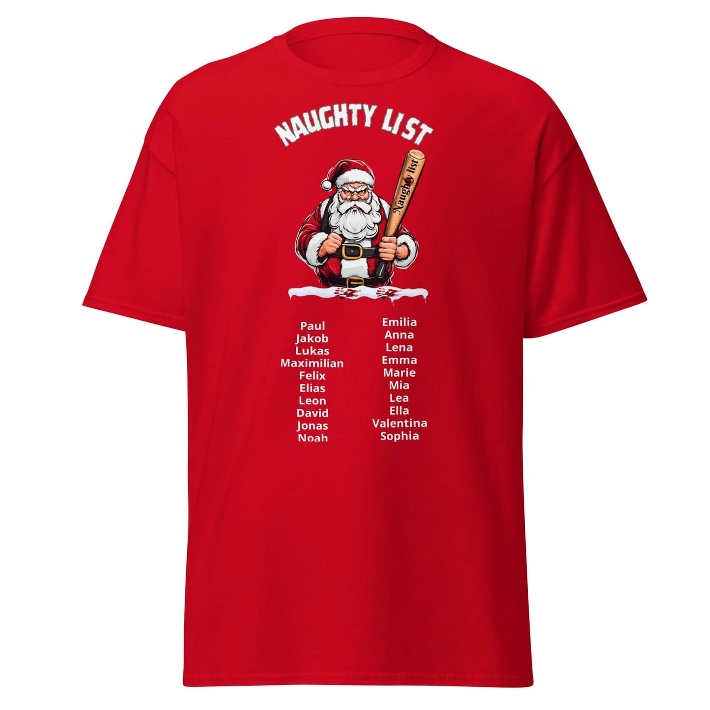Naughty List T-Shirt Rot - Vorderseite mit Weihnachtsmann Namen-Liste