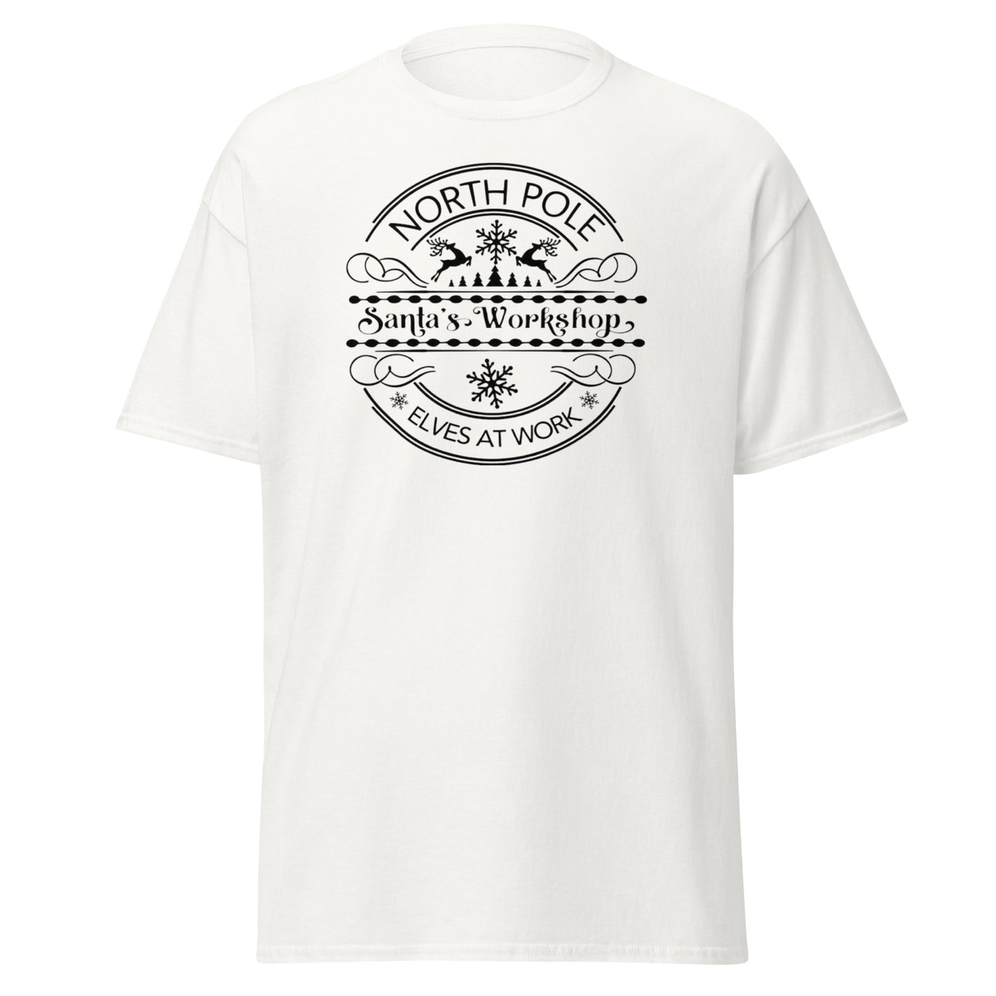North Pole Santa's Workshop T-Shirt in White - Elves at Work Unisex Vorderseite