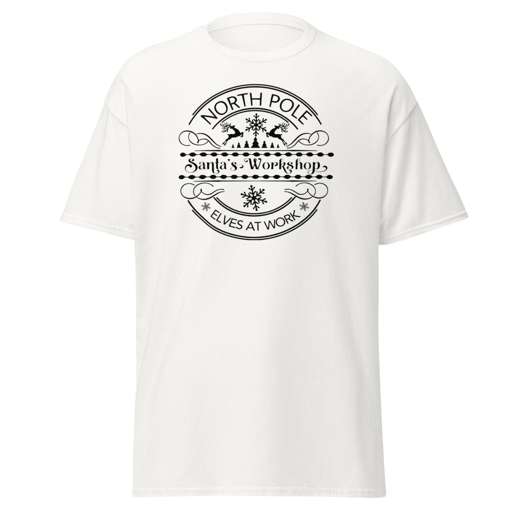 North Pole Santa's Workshop T-Shirt in White - Elves at Work Unisex Vorderseite