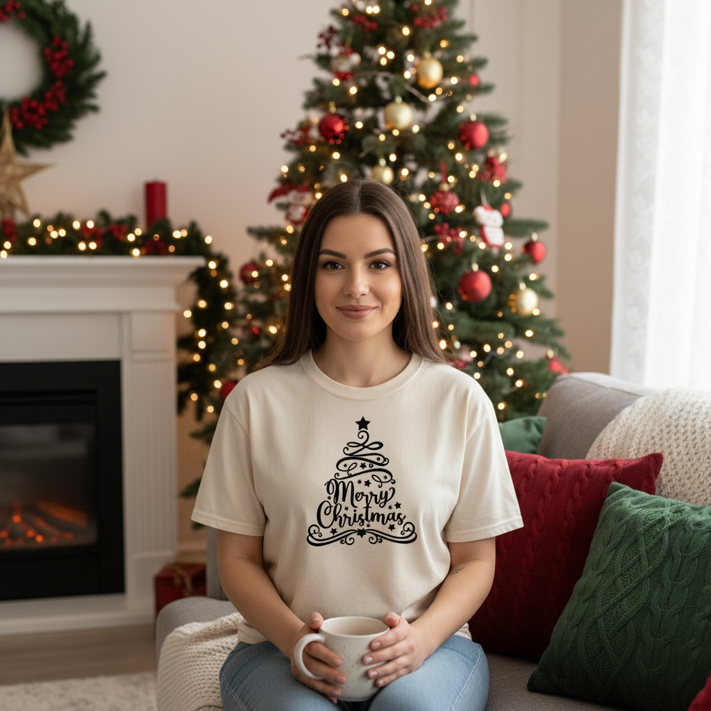 Weihnachts T-Shirt Lifestyle Mockup mit Frau